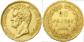FRANCE, Louis-Philippe (1830-1848), AV 20 francs, 1830 A, Paris. Tête nue. Tranche en relief. Gad. 1030a; Fr. 553. Rare. Petits coups sur la tranche....