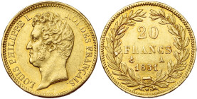 FRANCE, Louis-Philippe (1830-1848), AV 20 francs, 1831 A, Paris. Tête nue. Tranche en creux. Gad. 1030; Fr. 553a.

Très Beau / Very Fine