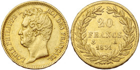 FRANCE, Louis-Philippe (1830-1848), AV 20 francs, 1831 A, Paris. Tête nue. Tranche en relief. Gad. 1030a; Fr. 553.

Très Beau / Very Fine