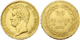 FRANCE, Louis-Philippe (1830-1848), AV 20 francs, 1831 B, Rouen. Tête nue. Tranche en relief. Gad. 1030a; Fr. 554.

Beau à Très Beau / Fine - Very F...
