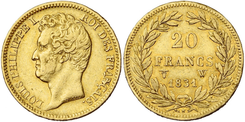 FRANCE, Louis-Philippe (1830-1848), AV 20 francs, 1831 W, Lille. Tête nue. Tranc...