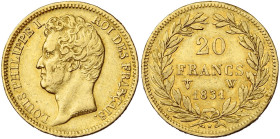 FRANCE, Louis-Philippe (1830-1848), AV 20 francs, 1831 W, Lille. Tête nue. Tranche en creux. Gad. 1030; Fr. 556a.

Très Beau / Very Fine