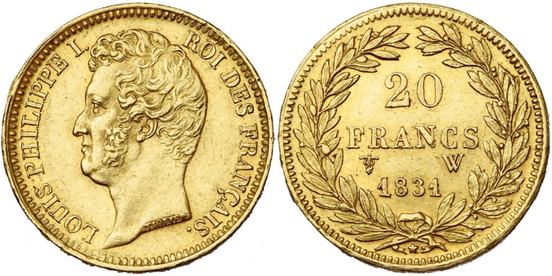FRANCE, Louis-Philippe (1830-1848), AV 20 francs, 1831 W, Lille. Tête nue. Tranc...