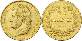 FRANCE, Louis-Philippe (1830-1848), AV 20 francs, 1833 B, Rouen. Gad. 1031; Fr. 564. Léger défaut de flan.

Très Beau / Very Fine