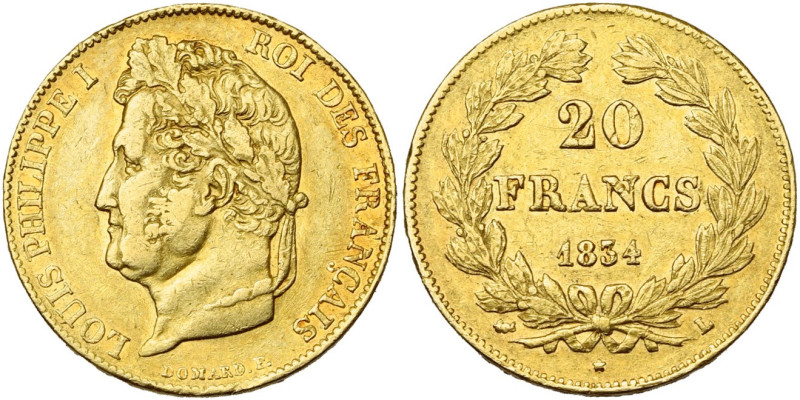 FRANCE, Louis-Philippe (1830-1848), AV 20 francs, 1834 L, Bayonne. Gad. 1031; Fr...