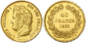 FRANCE, Louis-Philippe (1830-1848), AV 40 francs, 1839 A, Paris. Gad. 1106; Fr. 557. De la plus haute rareté. Petits coups. Avec brillant de frappe.
...