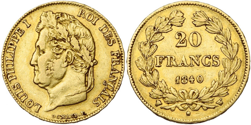 FRANCE, Louis-Philippe (1830-1848), AV 20 francs, 1840 W, Lille. Différent: cadu...