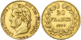 FRANCE, Louis-Philippe (1830-1848), AV 20 francs, 1840 W, Lille. Différent: caducée. 4550 p. frappées. Gad. 1031; Fr. 562. Rare.

Très Beau / Very F...