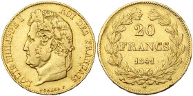 FRANCE, Louis-Philippe (1830-1848), AV 20 francs, 1841 W, Lille. 8524 p. frappées. Gad. 1031; Fr. 562. Rare.

Très Beau / Very Fine