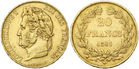 FRANCE, Louis-Philippe (1830-1848), AV 20 francs, 1845 W, Lille. 5018 p. frappées. Gad. 1031; Fr. 562. Rare.

Très Beau / Very Fine