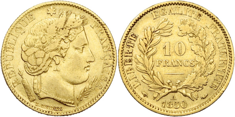 FRANCE, Deuxième République (1848-1852), AV 10 francs, 1850 A, Paris. Type Cérès...