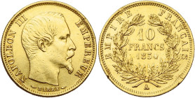 FRANCE, Napoléon III (1852-1870), AV 10 francs, 1854 A, Paris. Petit module. Tranche cannelée. Gad. 1013; Fr. 576. Griffes. Nettoyé. Traces de monture...
