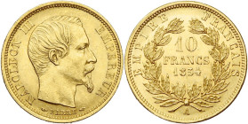 FRANCE, Napoléon III (1852-1870), AV 10 francs, 1854 A, Paris. Petit module. Tranche lisse. Petit A. Gad. 1013; Fr. 576. Rare. Fines griffes et petit ...