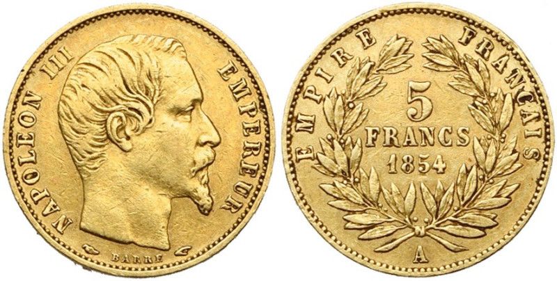 FRANCE, Napoléon III (1852-1870), AV 5 francs, 1854 A, Paris. Petit module. Tran...
