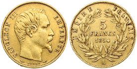 FRANCE, Napoléon III (1852-1870), AV 5 francs, 1854 A, Paris. Petit module. Tranche lisse. Gad. 1000; Fr. 578.

Très Beau / Very Fine