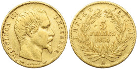 FRANCE, Napoléon III (1852-1870), AV 5 francs, 1854 A, Paris. Petit module. Tranche cannelée. Gad. 1000; Fr. 578.

Beau à Très Beau / Fine - Very Fi...
