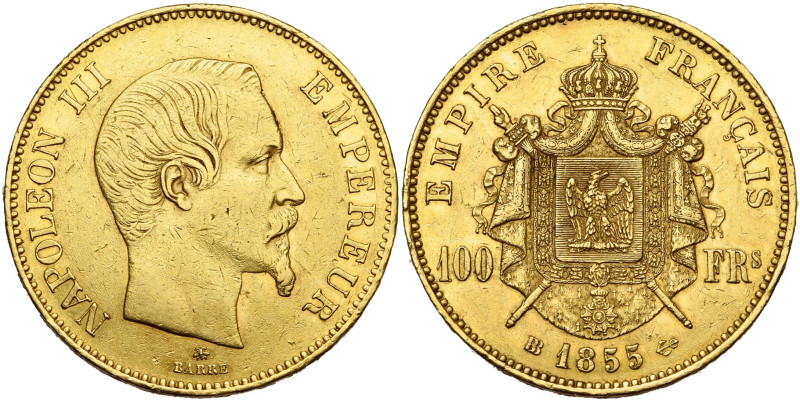 FRANCE, Napoléon III (1852-1870), AV 100 francs, 1855 BB, Strasbourg. Tête nue. ...