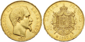 FRANCE, Napoléon III (1852-1870), AV 50 francs, 1855 BB, Strasbourg. 6854 p. frappées. Gad. 1111; Fr. 572. Petits coups sur la tranche.

Très Beau à...