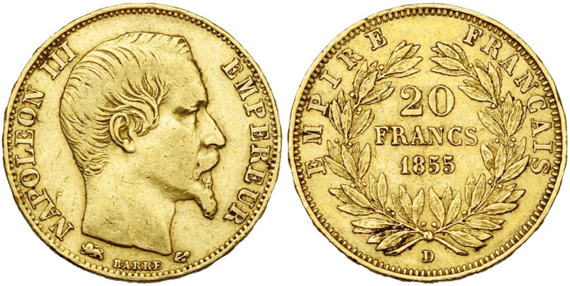 FRANCE, Napoléon III (1852-1870), AV 20 francs, 1855 D, Lyon. Grand lion. Gad. 1...