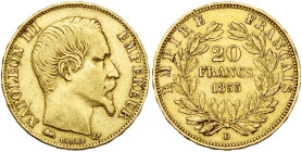 FRANCE, Napoléon III (1852-1870), AV 20 francs, 1855 D, Lyon. Grand lion. Gad. 1061; Fr. 575.

Très Beau / Very Fine