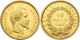 FRANCE, Napoléon III (1852-1870), AV 10 francs, 1855 A, Paris. Grand module (19 mm). Essai en or. Gad. 1014; Mazard 1618a. Très rare. Champ brillant. ...
