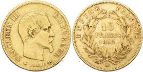 FRANCE, Napoléon III (1852-1870), AV 10 francs, 1855 BB, Strasbourg. Gad. 1014; Fr. 577. Rare.

Beau / Fine