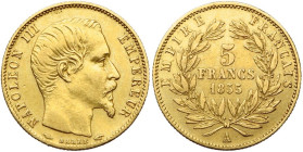 FRANCE, Napoléon III (1852-1870), AV 5 francs, 1855 A, Paris. Petit module. Tranche cannelée. Gad. 1000; Fr. 578. Rare.

presque Très Beau / about V...