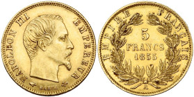 FRANCE, Napoléon III (1852-1870), AV 5 francs, 1855 A, Paris. Grand module. Seulement 1352 p. frappées. Gad. 1001; Fr. 578a. Extrêmement rare.

Très...