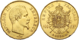 FRANCE, Napoléon III (1852-1870), AV 100 francs, 1856 A, Paris. Gad. 1135; Fr. 569. Petites taches. Coups sur la tranche.

Très Beau / Very Fine