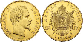 FRANCE, Napoléon III (1852-1870), AV 100 francs, 1857 A, Paris. Gad. 1135; Fr. 569. Petits coups. Légèrement nettoyé. Avec brillant de frappe.

Très...