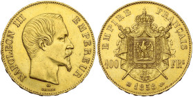 FRANCE, Napoléon III (1852-1870), AV 100 francs, 1858 BB, Strasbourg. Tête nue. 1928 p. frappées. Gad. 1135; Fr. 570. Rare. Nettoyé.

Très Beau / Ve...