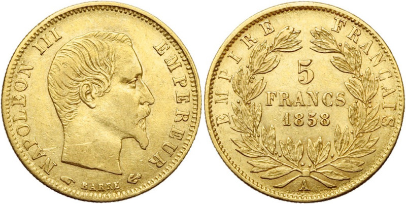 FRANCE, Napoléon III (1852-1870), AV 5 francs, 1858 A, Paris. Gad. 1001; Fr. 578...