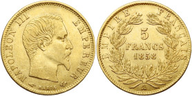 FRANCE, Napoléon III (1852-1870), AV 5 francs, 1858 A, Paris. Gad. 1001; Fr. 578a. Fines griffes.

Très Beau / Very Fine