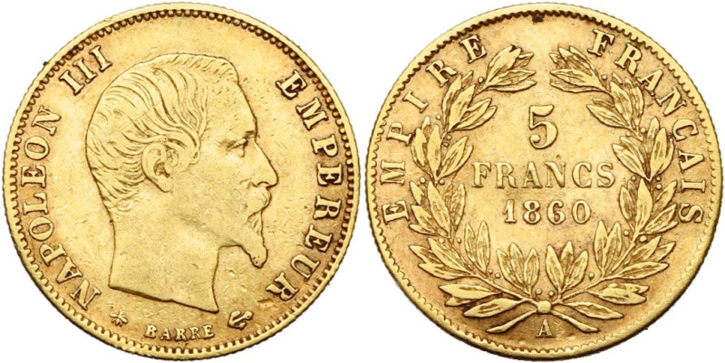 FRANCE, Napoléon III (1852-1870), AV 5 francs, 1860 A, Paris. Différent: abeille...