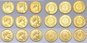FRANCE, Napoléon III (1852-1870), lot de 9 p de 20 francs à la tête nue: 1853, 1854, 1855 (tête de chien et main), 1856, 1857, 1858, 1859 (Superbe) et...