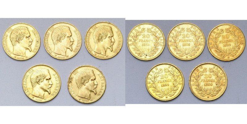 FRANCE, Napoléon III (1852-1870), lot de 5 p de 20 francs à la tête nue: 1855, 1...