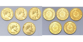 FRANCE, Napoléon III (1852-1870), lot de 5 p de 20 francs à la tête nue: 1855, 1856, 1858, 1859 et 1860 BB, Strasbourg. Gad. 1061.

Très Beau / Very...