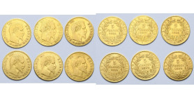 FRANCE, Napoléon III (1852-1870), lot de 6 p. de 5 francs à la tête nue: 1856 A, 1857 A, 1859 A, 1859 BB, 1860 A (main), 1860 BB. Gad. 1001.

Beau à...