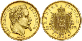 FRANCE, Napoléon III (1852-1870), AV 20 francs, 1861. Essai de Barre à la tête laurée. Différent: étoile. Tranche lisse. Gad. 1062; Mazard 1613. Très ...