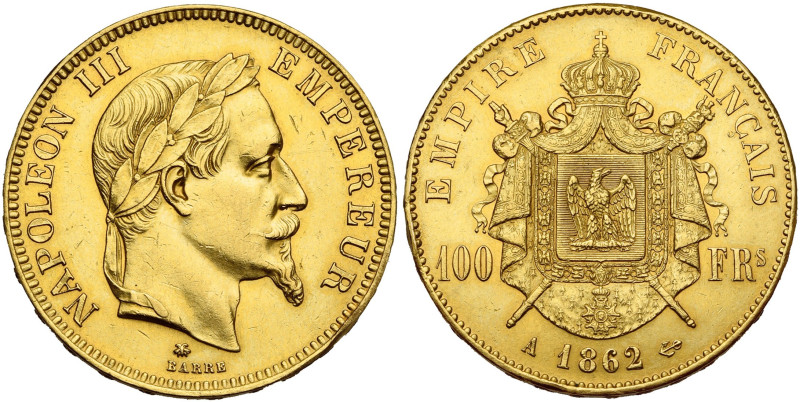 FRANCE, Napoléon III (1852-1870), AV 100 francs, 1862 A, Paris. Tête laurée. Gad...