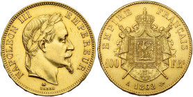 FRANCE, Napoléon III (1852-1870), AV 100 francs, 1862 A, Paris. Tête laurée. Gad. 1136; Fr. 580. Légèrement nettoyé. Fines griffes et coups sur la tra...