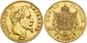 FRANCE, Napoléon III (1852-1870), AV 100 francs, 1865 A, Paris. Seulement 1517 p. frappées. Gad. 1136; Fr. 580. Rare. Eraflure sur la tranche.

Très...