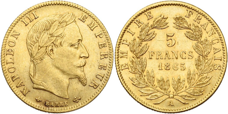 FRANCE, Napoléon III (1852-1870), AV 5 francs, 1865 A, Paris. Gad. 1002; Fr. 588...