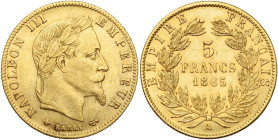 FRANCE, Napoléon III (1852-1870), AV 5 francs, 1865 A, Paris. Gad. 1002; Fr. 588. Fines griffes.

Très Beau / Very Fine