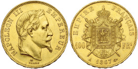 FRANCE, Napoléon III (1852-1870), AV 100 francs, 1867 A, Paris. 4309 p. frappées. Gad. 1136; Fr. 580. Fines griffes.

Superbe / Extremely Fine