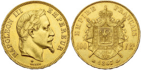 FRANCE, Napoléon III (1852-1870), AV 100 francs, 1867 BB, Strasbourg. 2807 p. frappées. Gad. 1136; Fr. 581. Rare.

Très Beau à Superbe / Very Fine -...