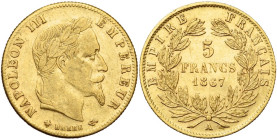 FRANCE, Napoléon III (1852-1870), AV 5 francs, 1867 A, Paris. Gad. 1002; Fr. 588. Fines griffes.

Très Beau / Very Fine