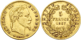 FRANCE, Napoléon III (1852-1870), AV 5 francs, 1867 BB, Strasbourg. Gad. 1002; Fr. 589. Fines griffes.

Très Beau / Very Fine