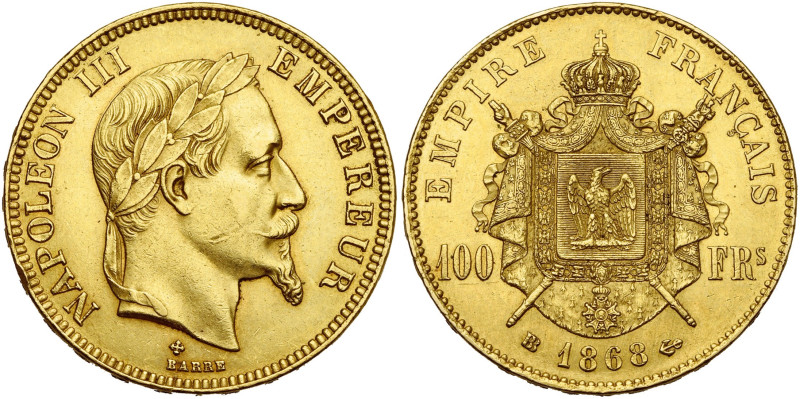 FRANCE, Napoléon III (1852-1870), AV 100 francs, 1868 BB, Strasbourg. Tête lauré...