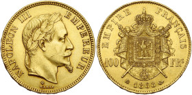 FRANCE, Napoléon III (1852-1870), AV 100 francs, 1868 BB, Strasbourg. Tête laurée. Seulement 789 p. frappées. Gad. 1136; Fr. 581. Très rare. Coup sur ...